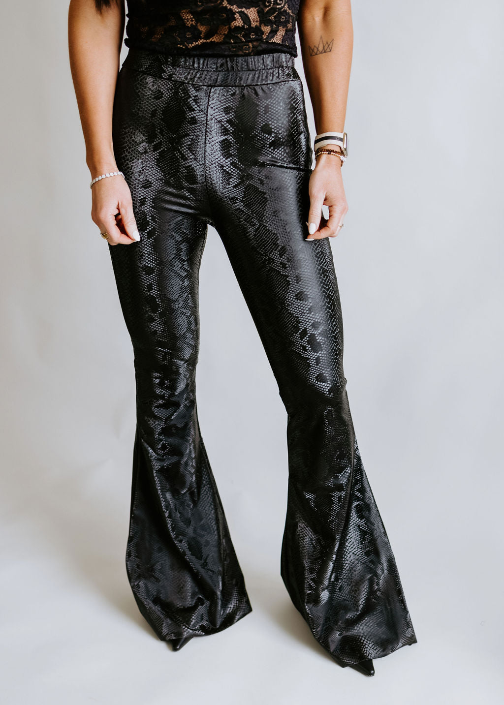 image of Kacie Faux Leather Bell Bottom Leggings