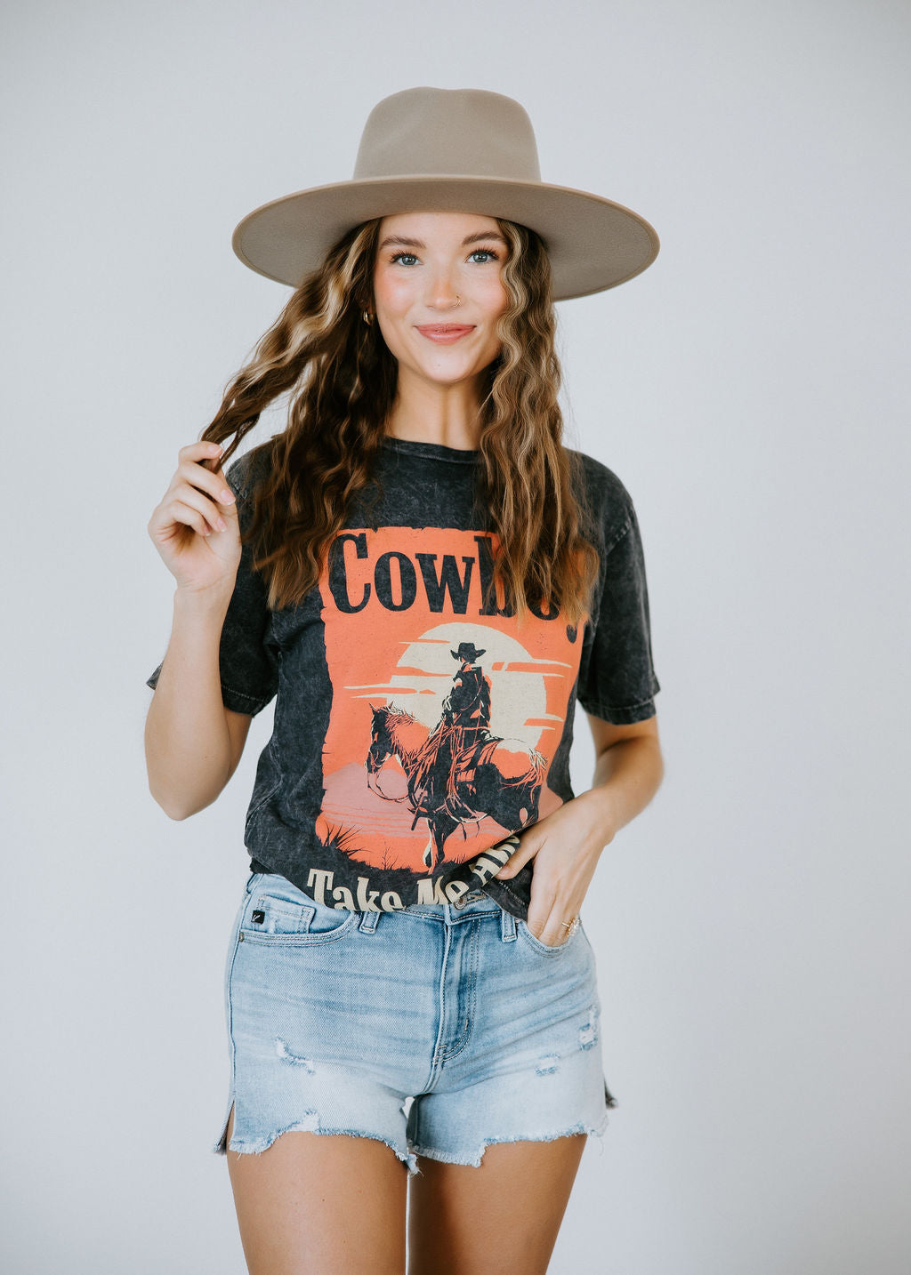 Cowboy Take Me Away Country Graphic Tee - T Shirt Dress - Mineral Wash Gray