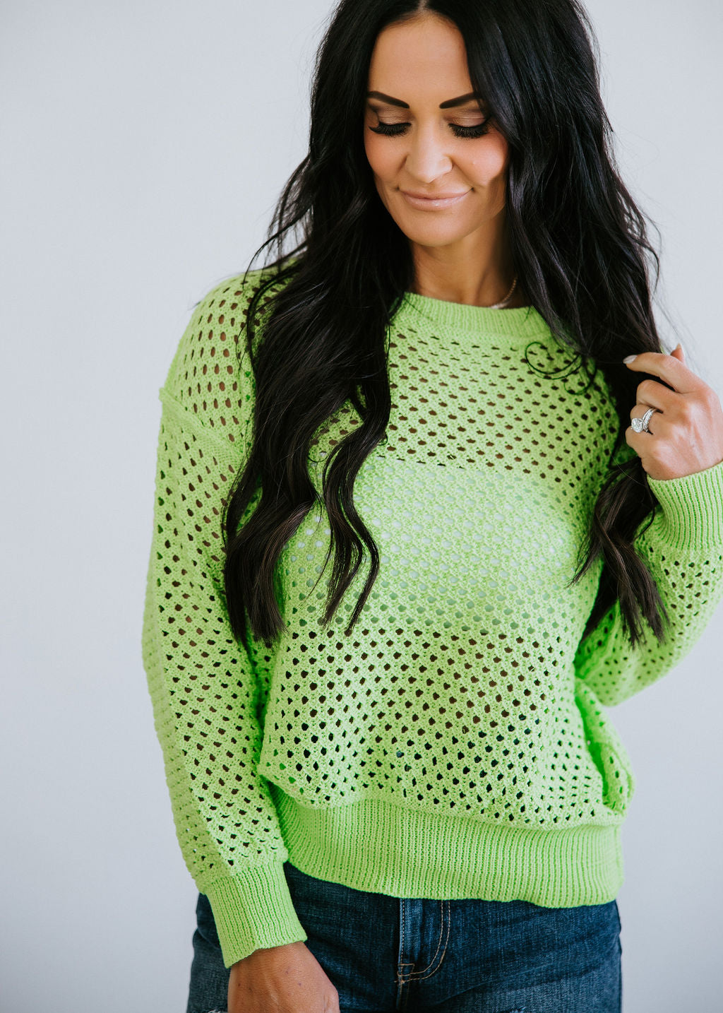 SHINY POINTELLE KNIT SWEATER - Light lime green