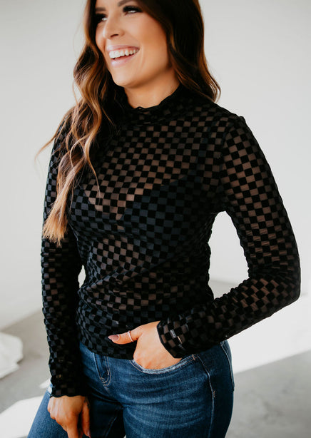 Checkered Mesh Long Sleeve Top