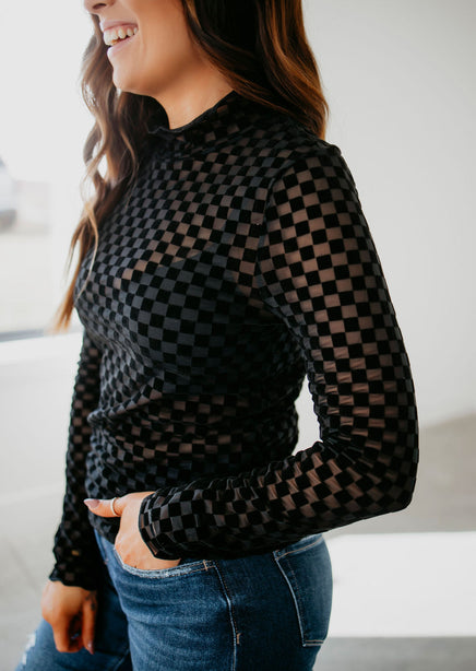 Checkered Mesh Long Sleeve Top