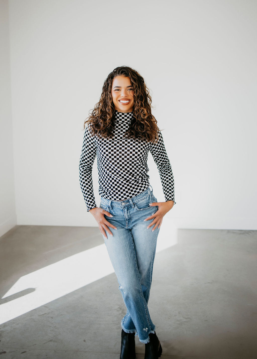 Checkered Mesh Long Sleeve Top