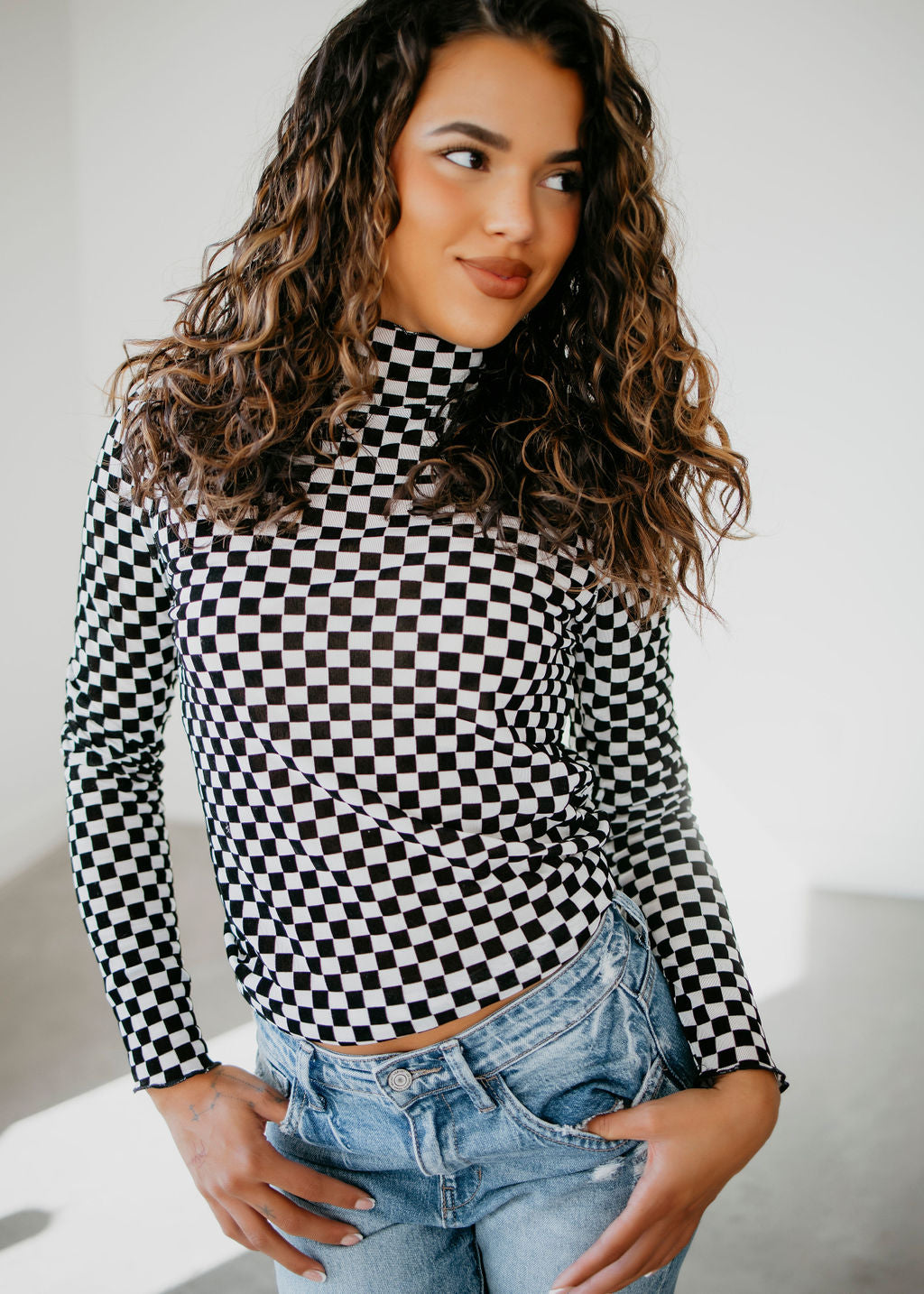 Checkered Mesh Long Sleeve Top