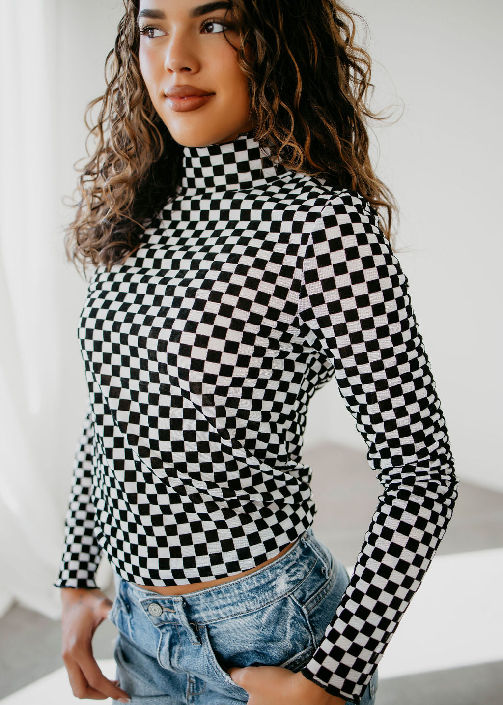 Checkered Mesh Long Sleeve Top