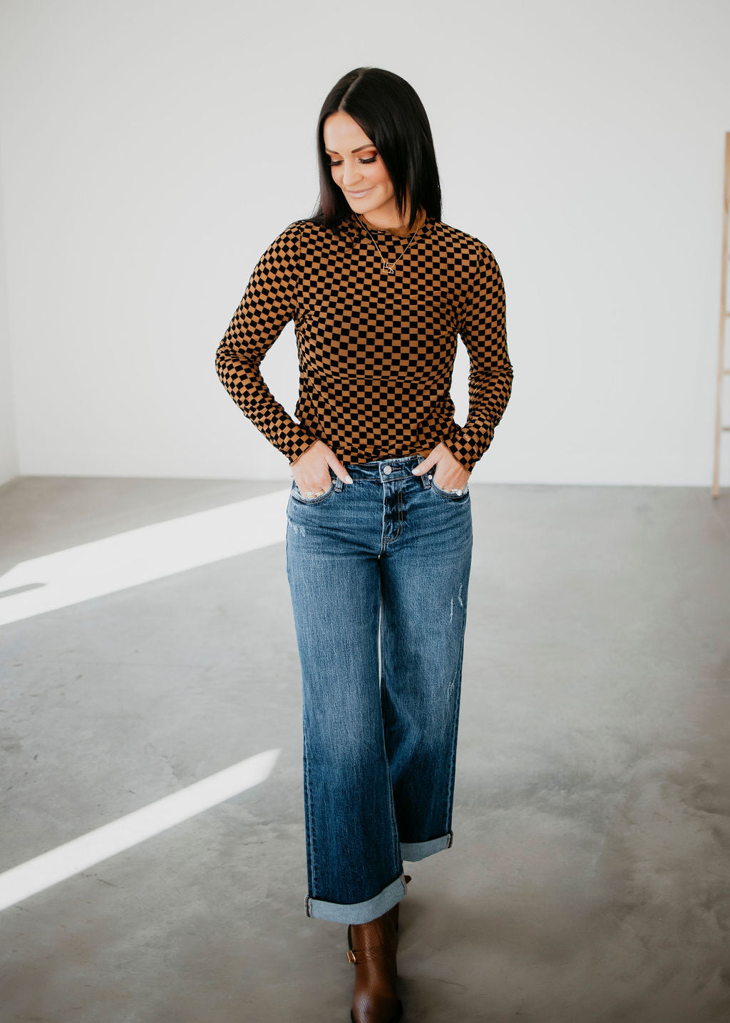 Checkered Mesh Long Sleeve Top