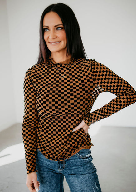 Checkered Mesh Long Sleeve Top