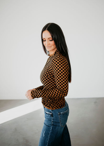 Checkered Mesh Long Sleeve Top