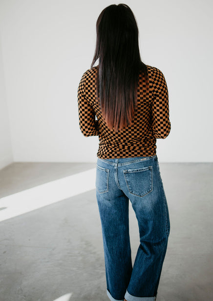 Checkered Mesh Long Sleeve Top