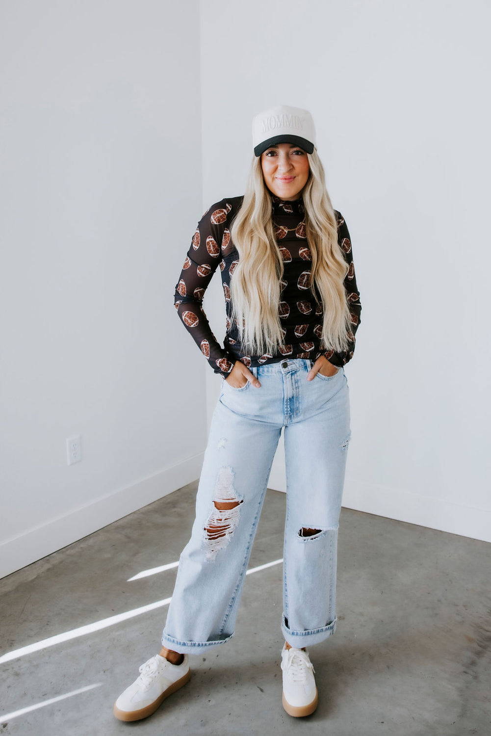 First and Fabulous Football Print Mesh Top