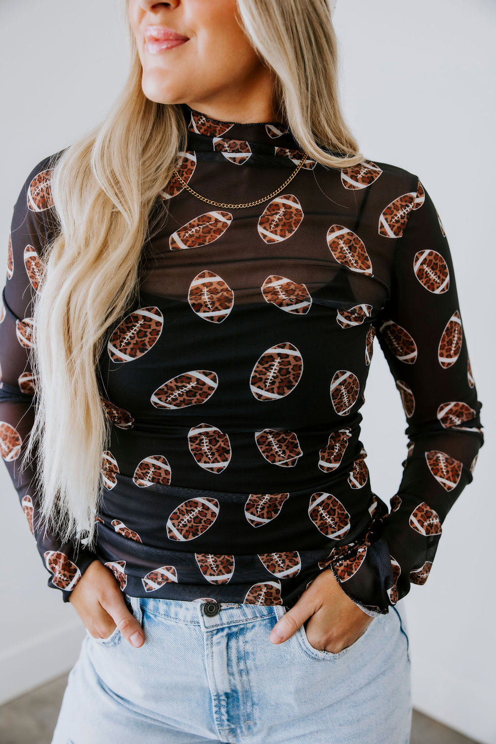 First and Fabulous Football Print Mesh Top