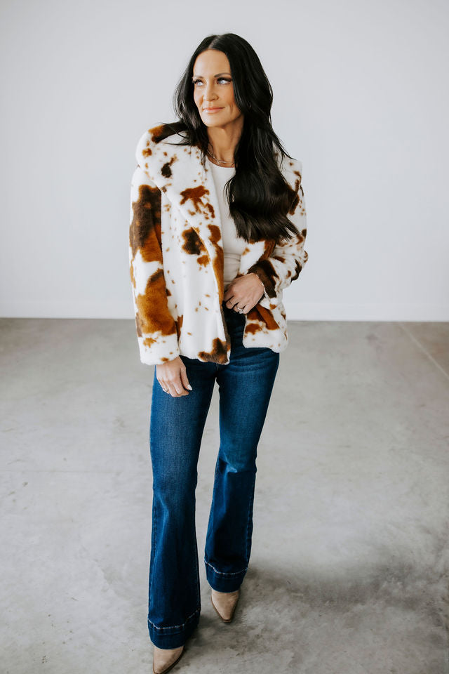 Daisie Cow Print Fur Coat