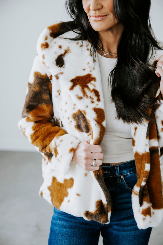 Daisie Cow Print Fur Coat