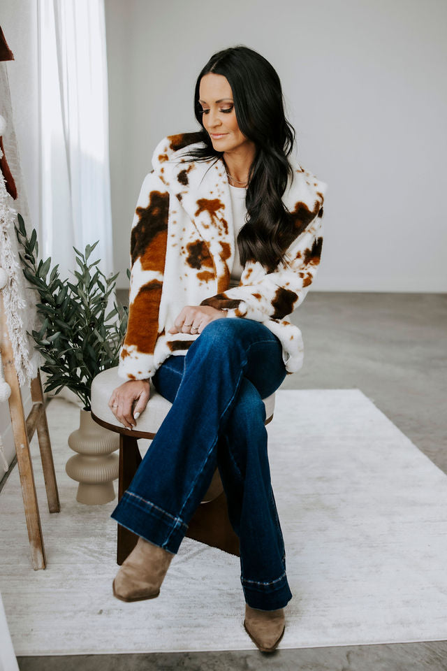Daisie Cow Print Fur Coat