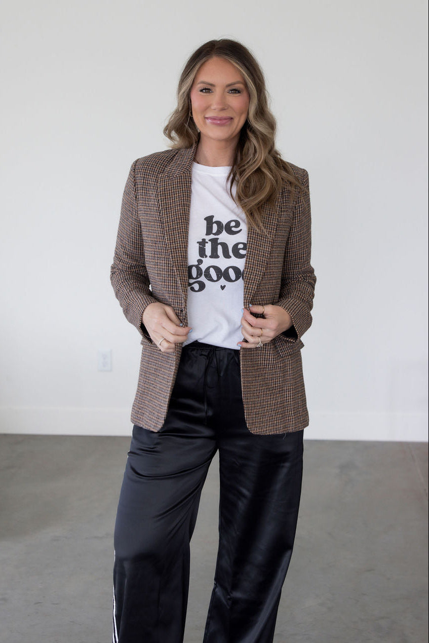 image of Wynn Elbow Patch Plaid Blazer