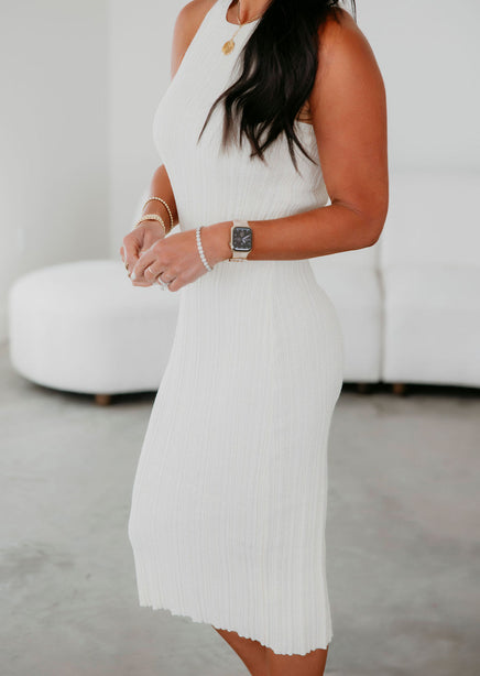 white bodycon knit dress Scoop Neck Side Split Bodycon Dress In White Ribbed Knit | EGO US