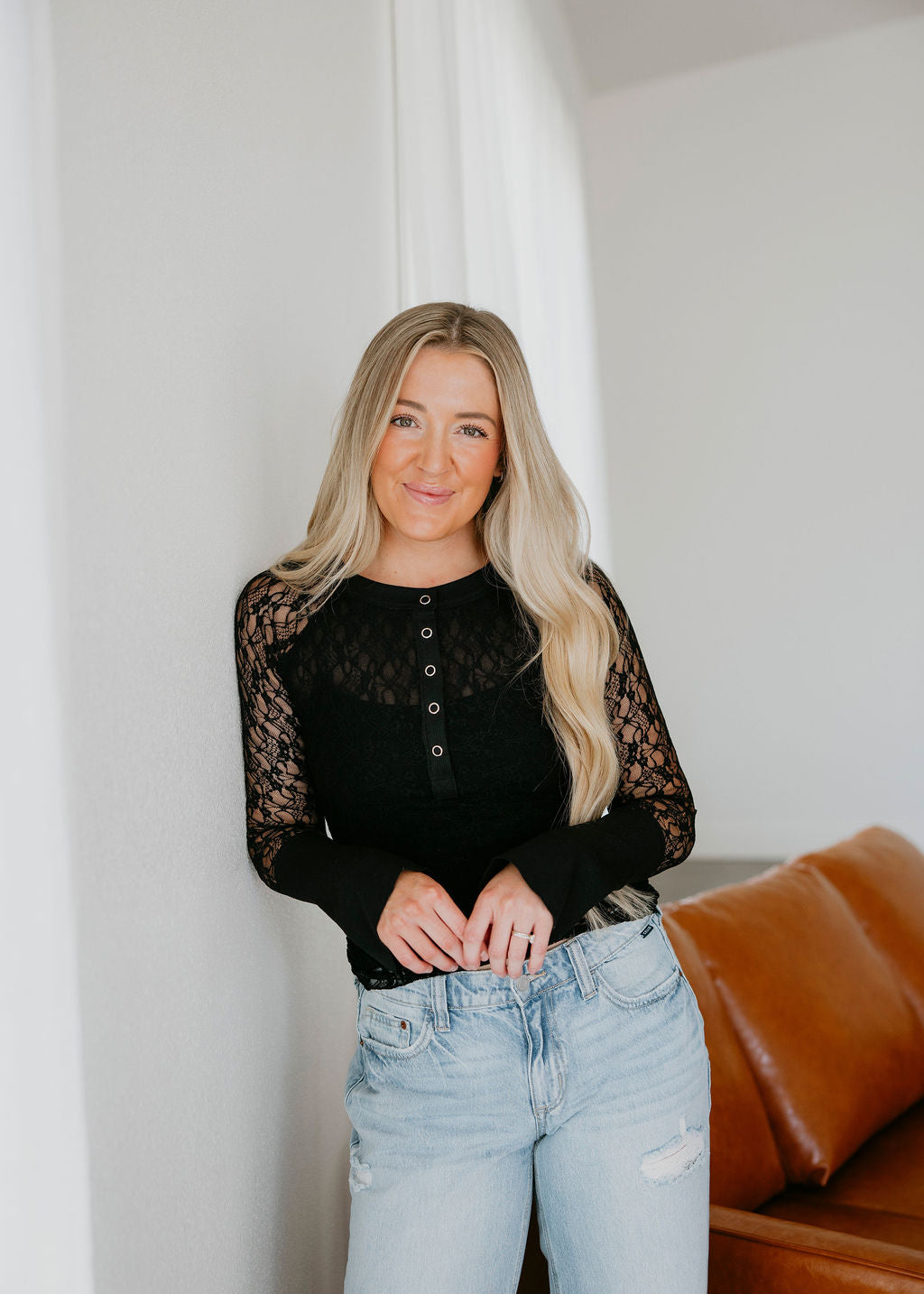 Betsey Lace Sleeve Henley Top