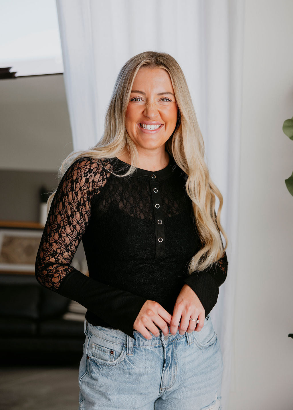 image of Betsey Lace Sleeve Henley Top