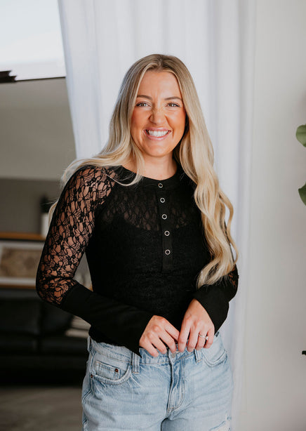 Betsey Lace Sleeve Henley Top product view