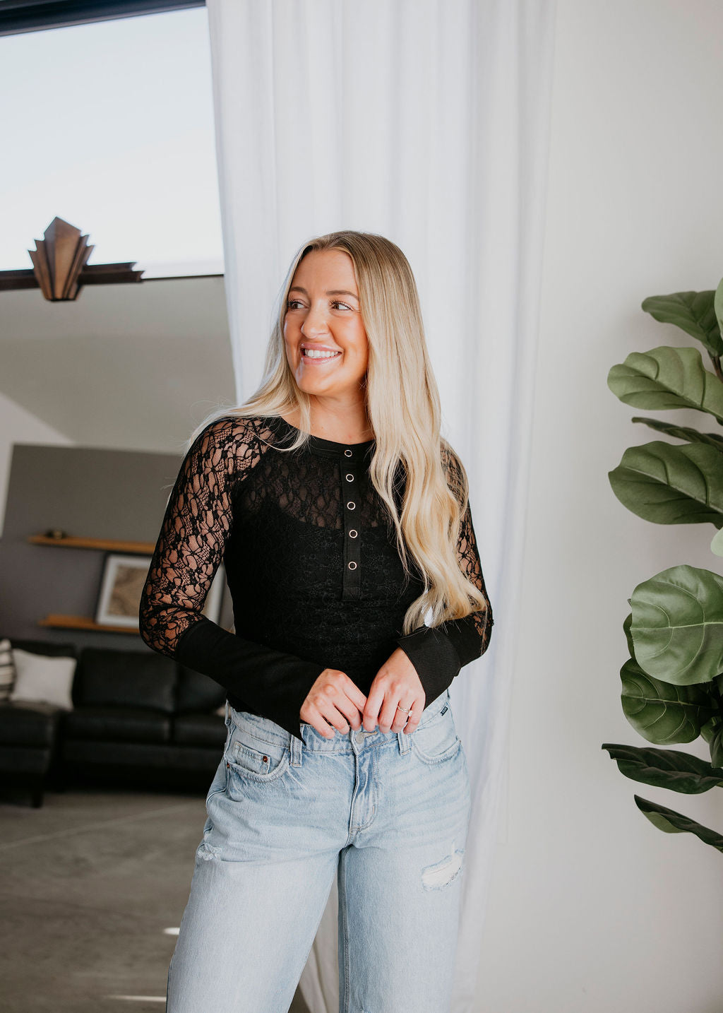 Betsey Lace Sleeve Henley Top