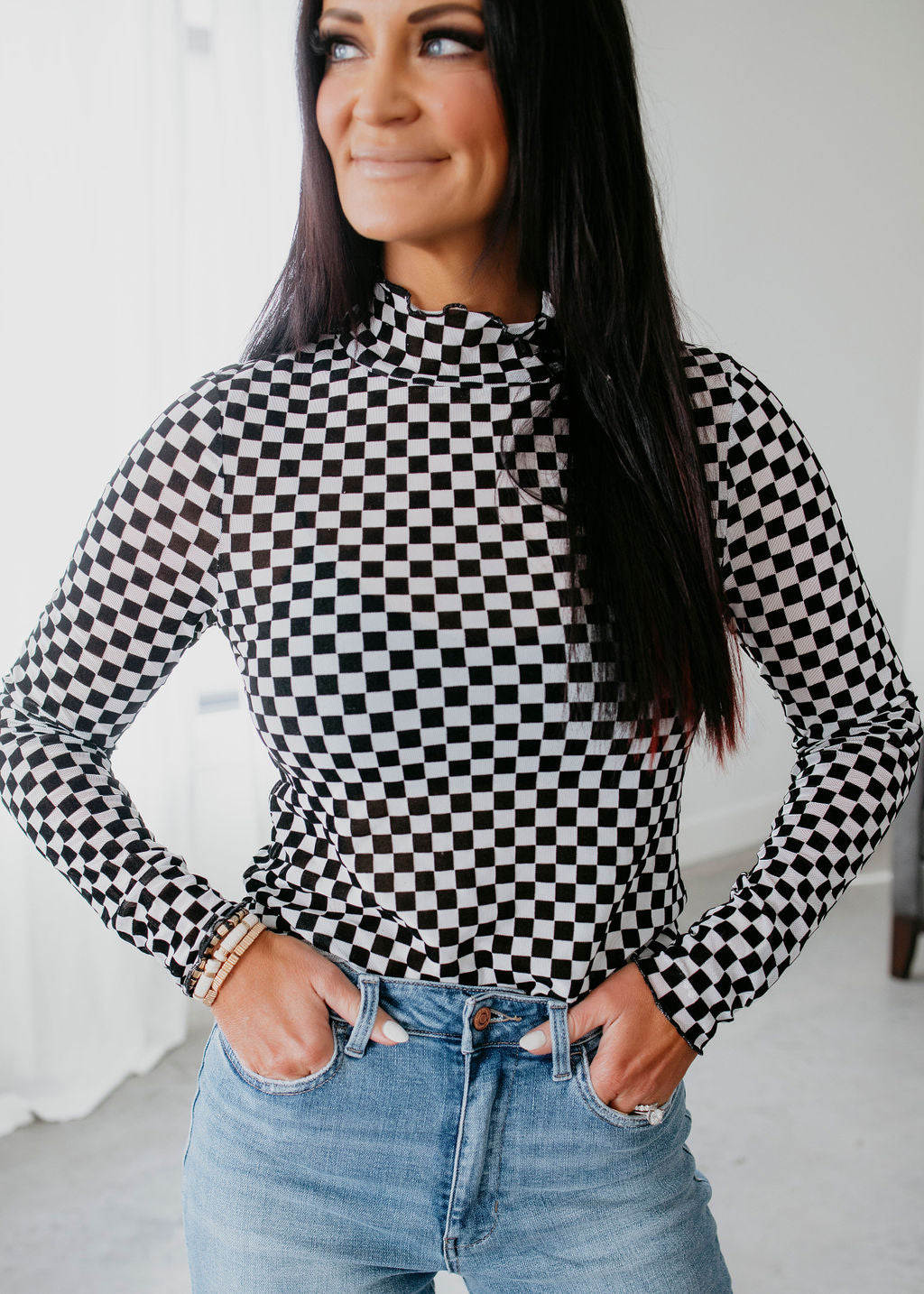 image of Checkered Mesh Long Sleeve Top