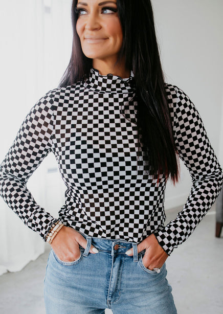 Checkered Mesh Long Sleeve Top