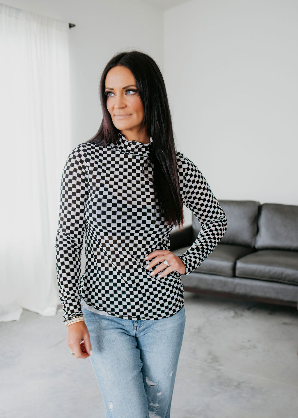 Checkered Mesh Long Sleeve Top