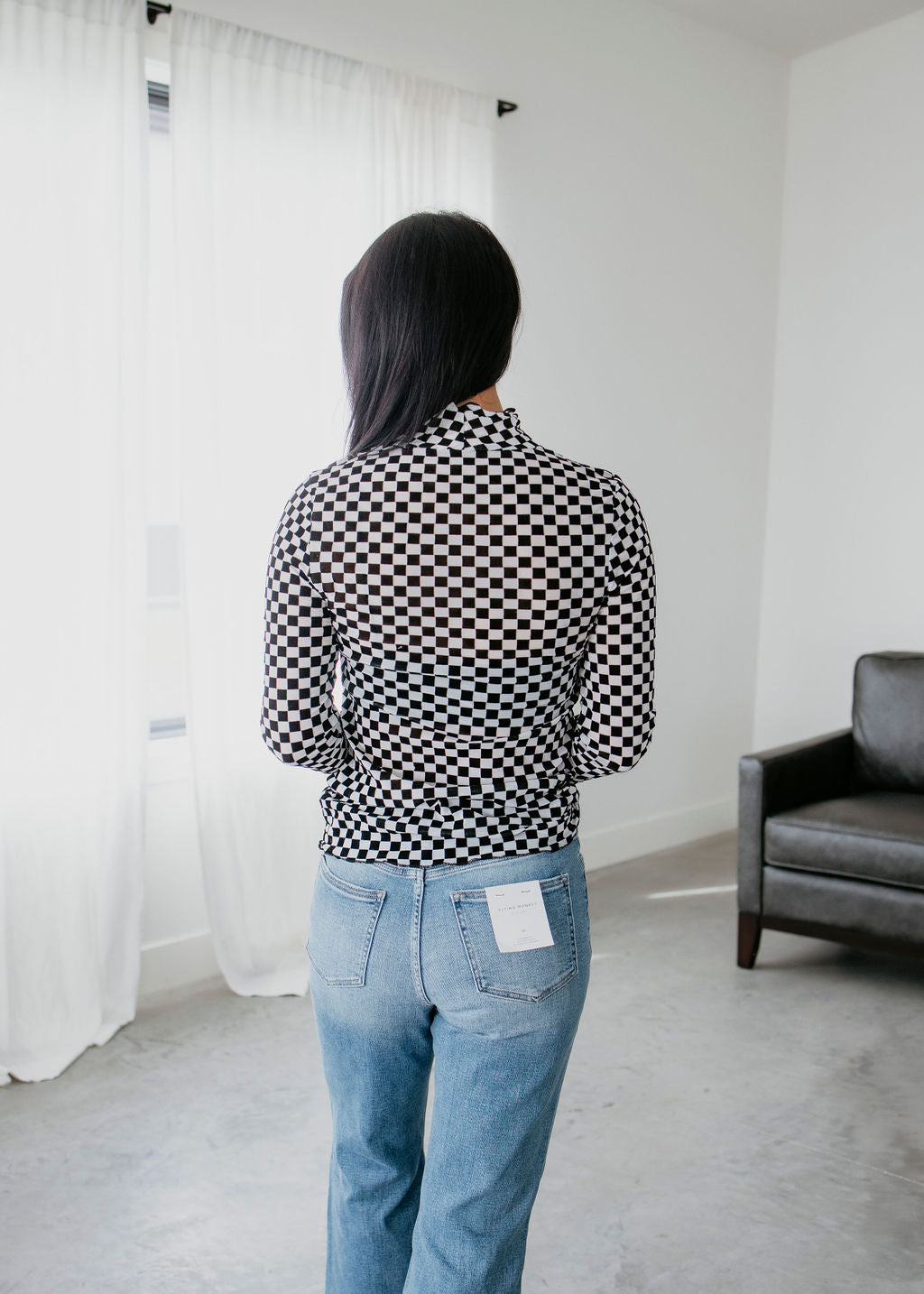 Checkered Mesh Long Sleeve Top