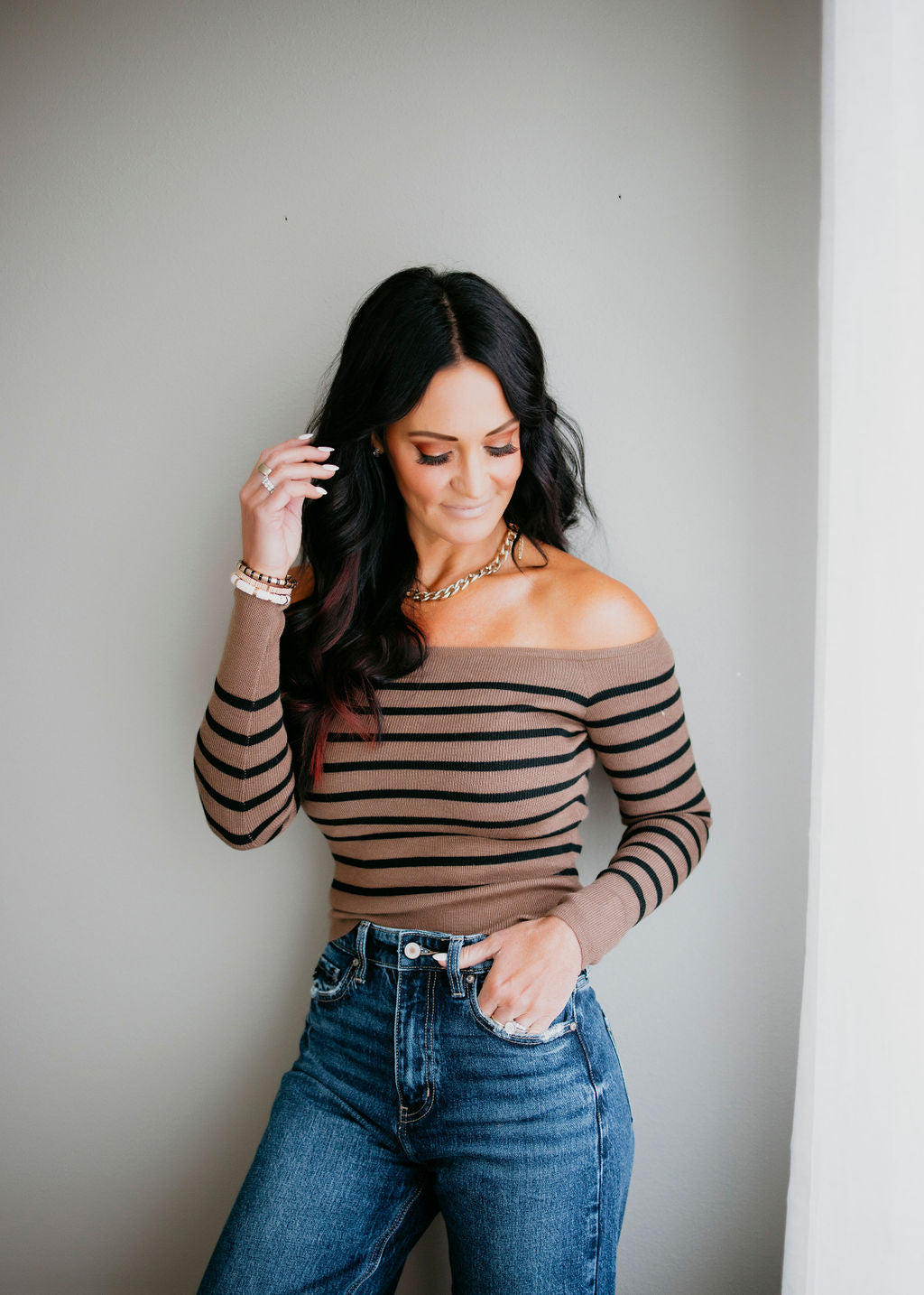 Leo Off Shoulder Stripe Knit Sweater