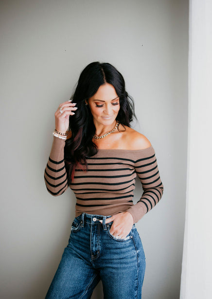 Leo Off Shoulder Stripe Knit Sweater