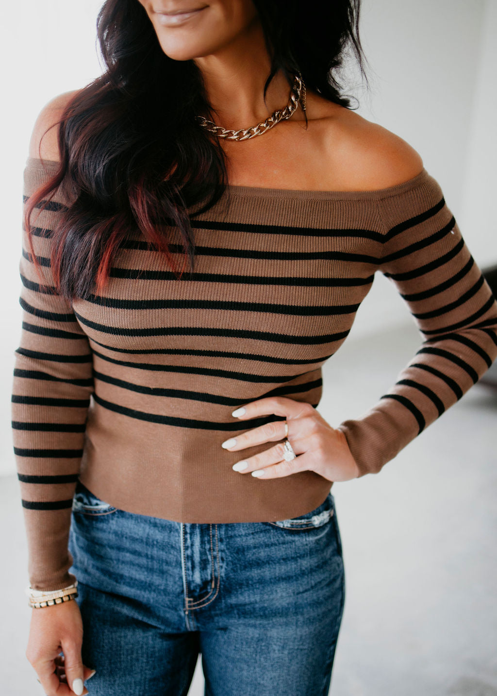 Leo Off Shoulder Stripe Knit Sweater