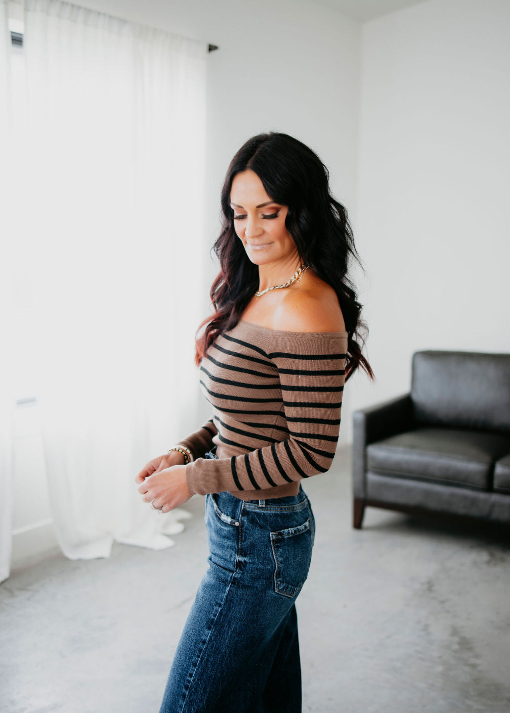 Leo Off Shoulder Stripe Knit Sweater