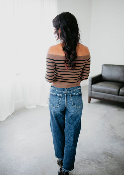 Leo Off Shoulder Stripe Knit Sweater