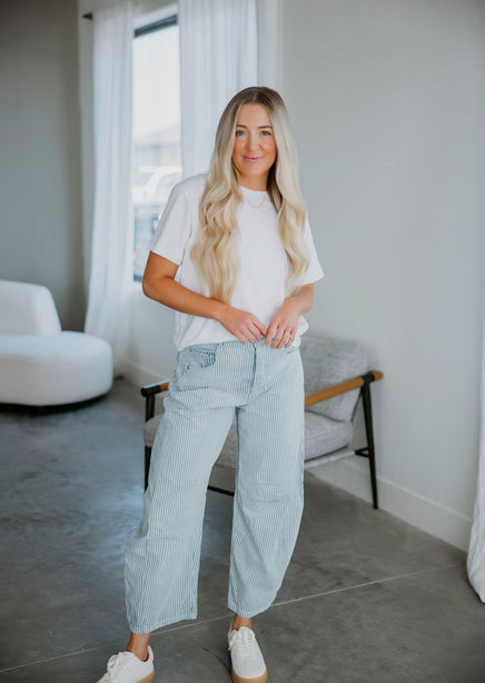 Cove Pinstriped Barrel Jeans product view