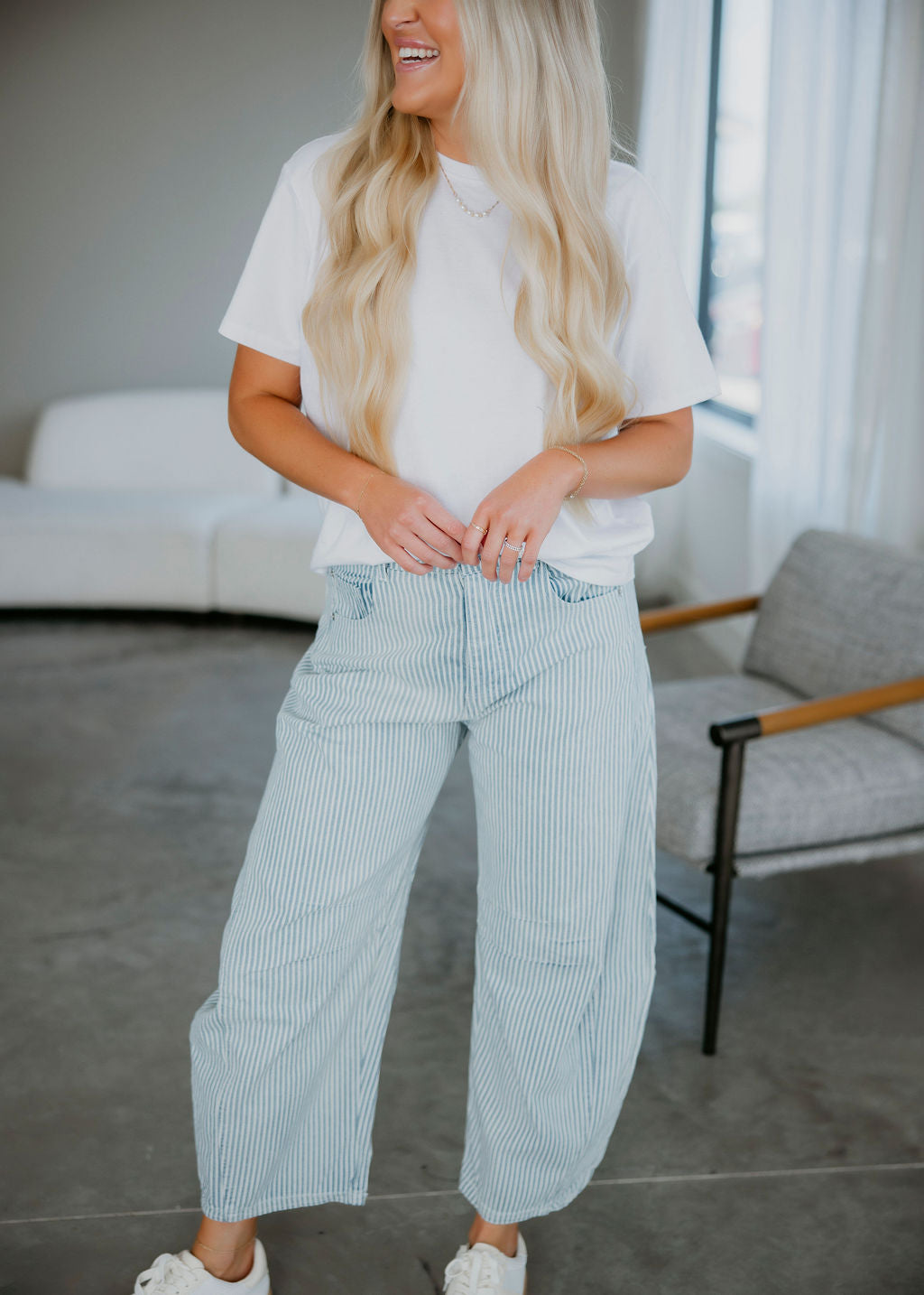 Cove Pinstriped Barrel Jeans