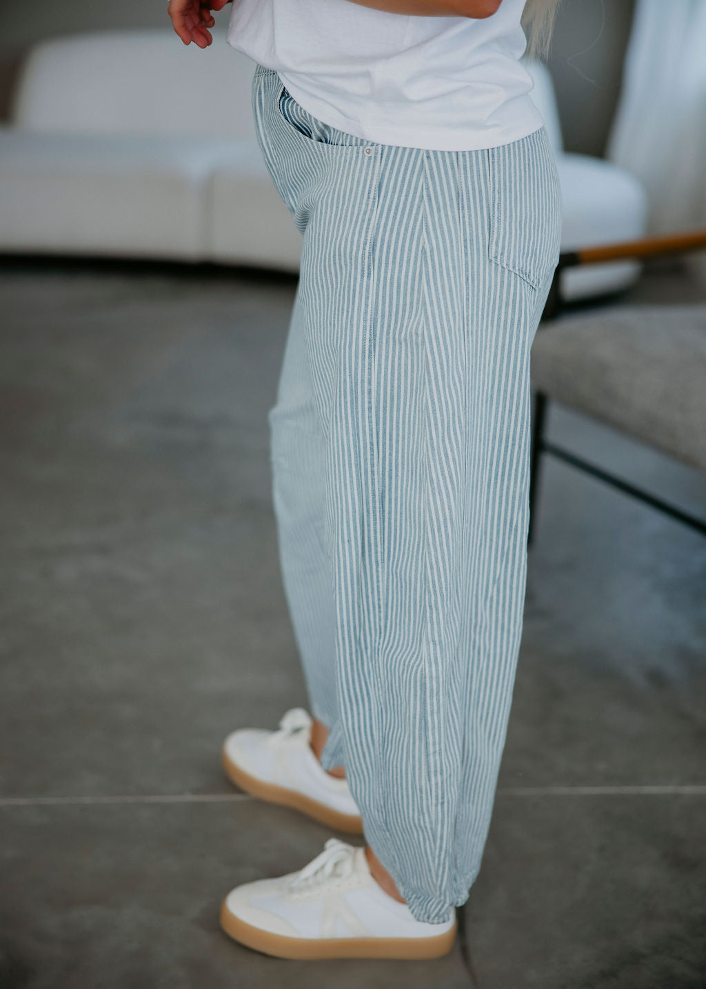 Cove Pinstriped Barrel Jeans