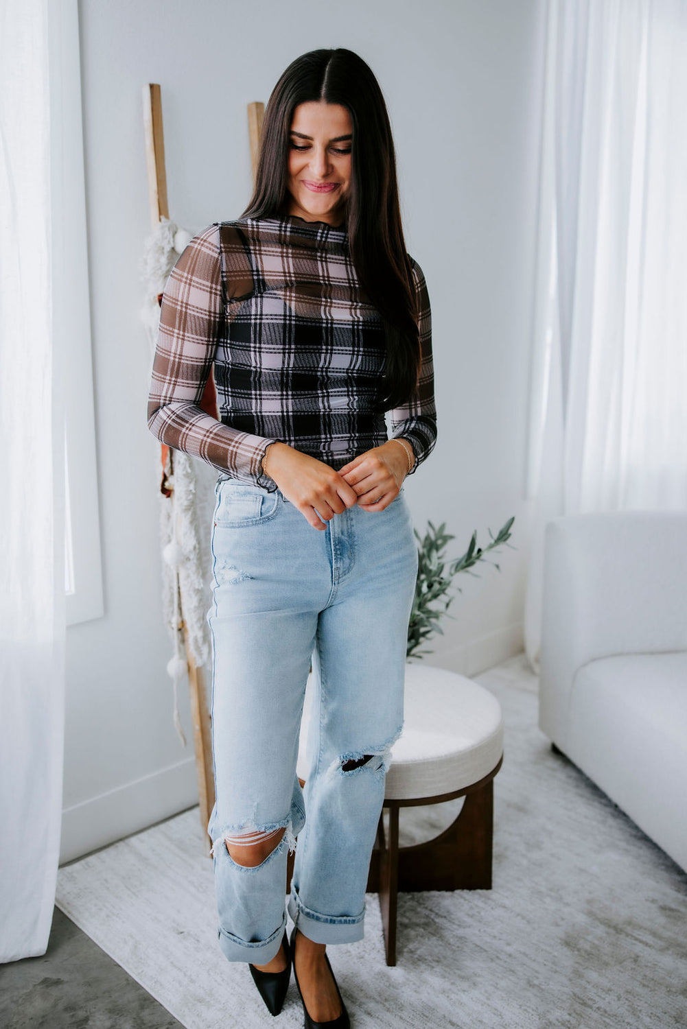 Kellie Mock Neck Plaid Top