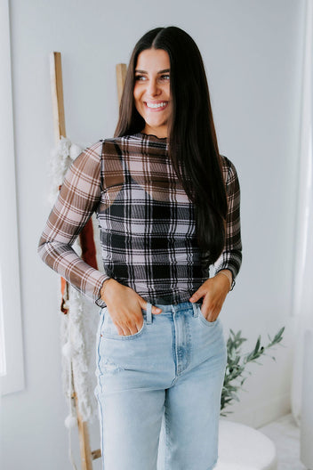 Kellie Mock Neck Plaid Top