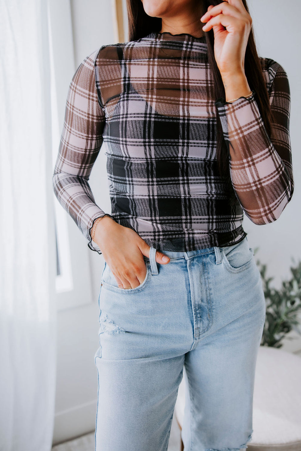Kellie Mock Neck Plaid Top