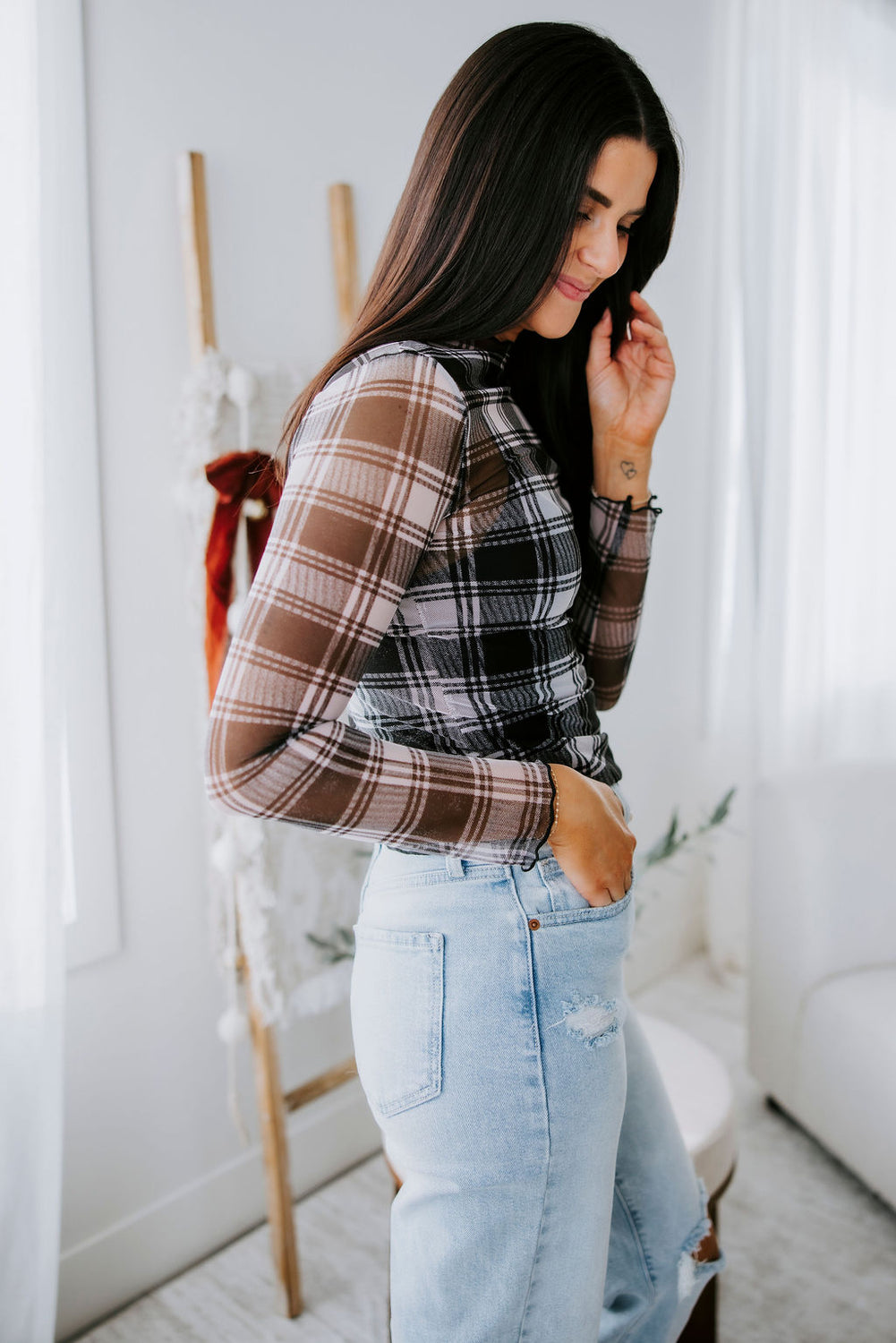 Kellie Mock Neck Plaid Top