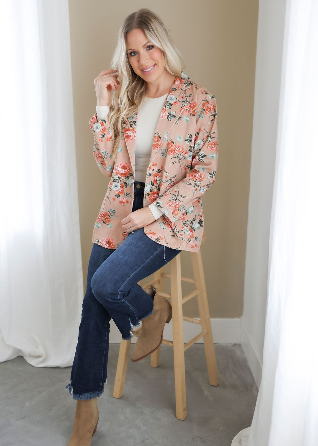 Janae Floral Print Denim Blazer