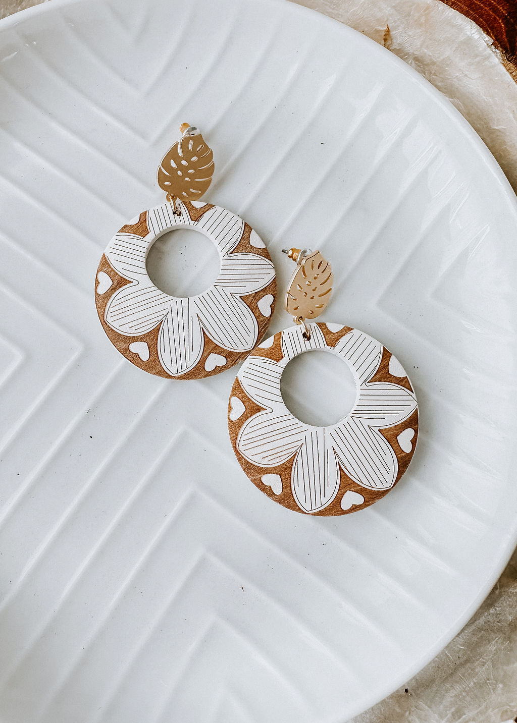 Engraved Wood Flower Hoops