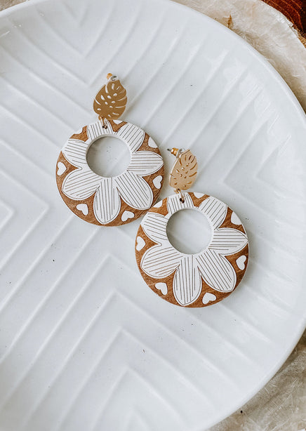 Engraved Wood Flower Hoops