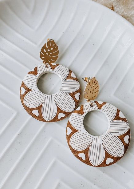 Engraved Wood Flower Hoops