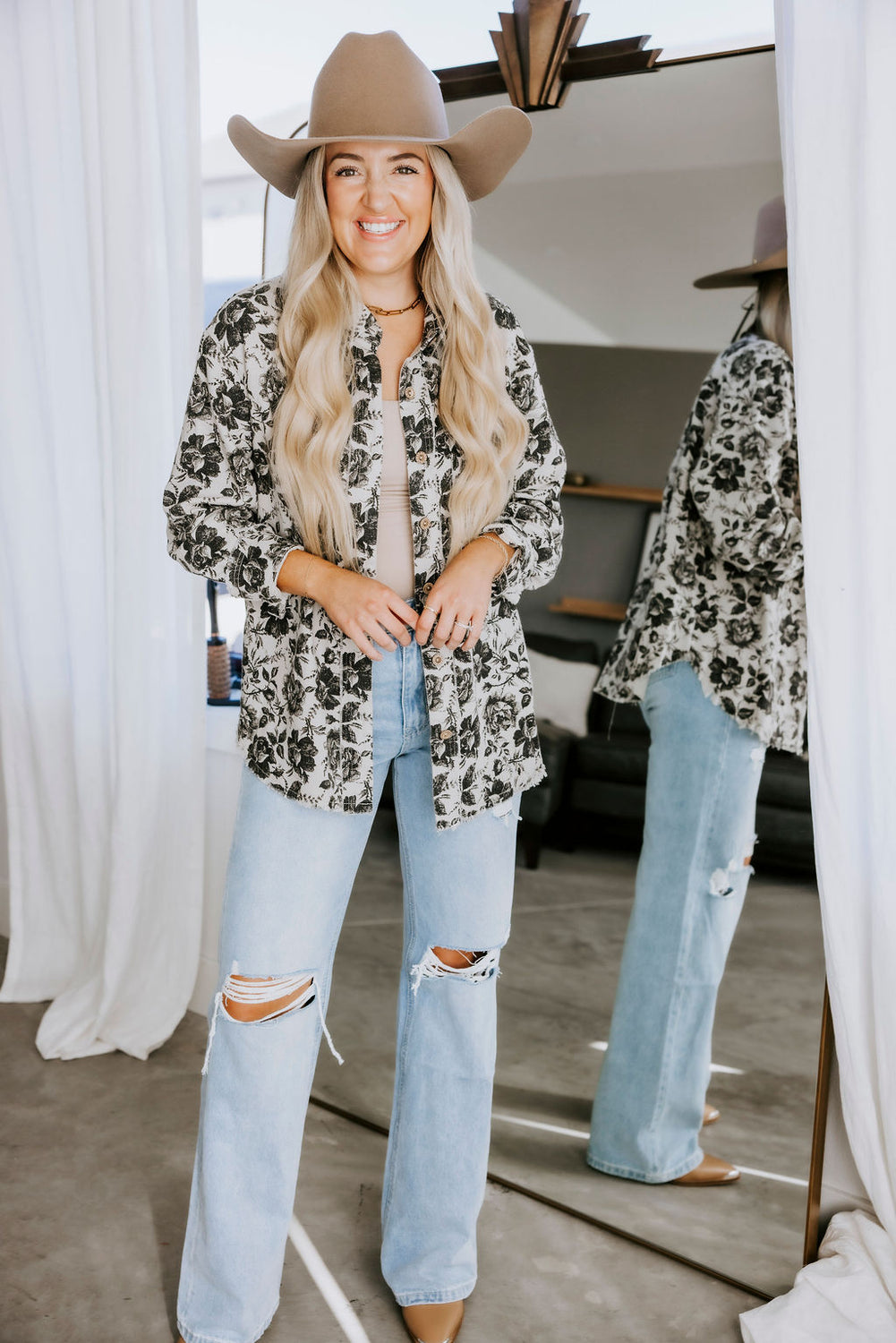 Koe Floral Print Button Down Top