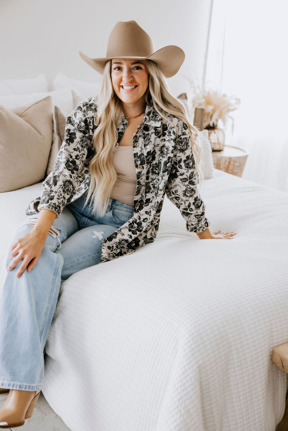 Koe Floral Print Button Down Top