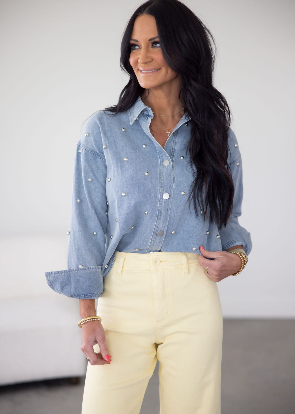 Pearl Denim Button Down Top