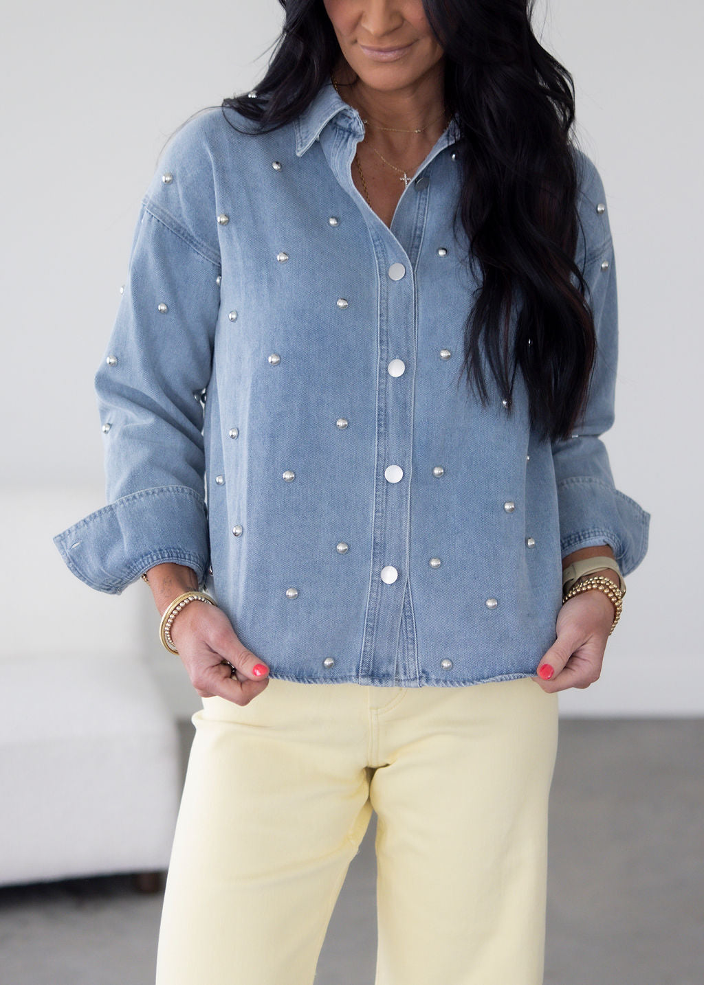 Pearl Denim Button Down Top