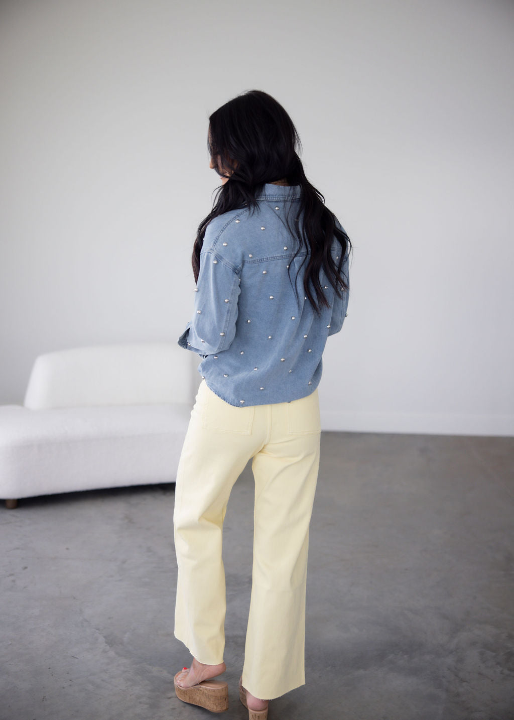 Pearl Denim Button Down Top