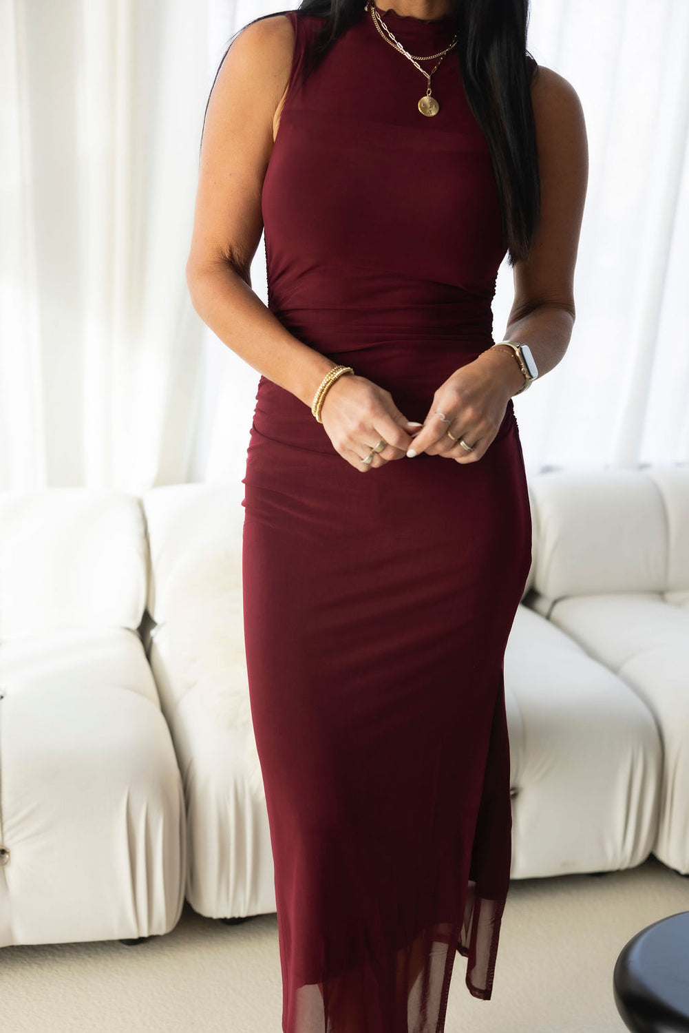 Bardot Ruched Mesh Midi Dress