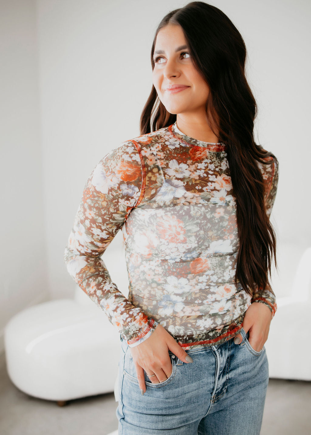 image of Alise Floral Mesh Top